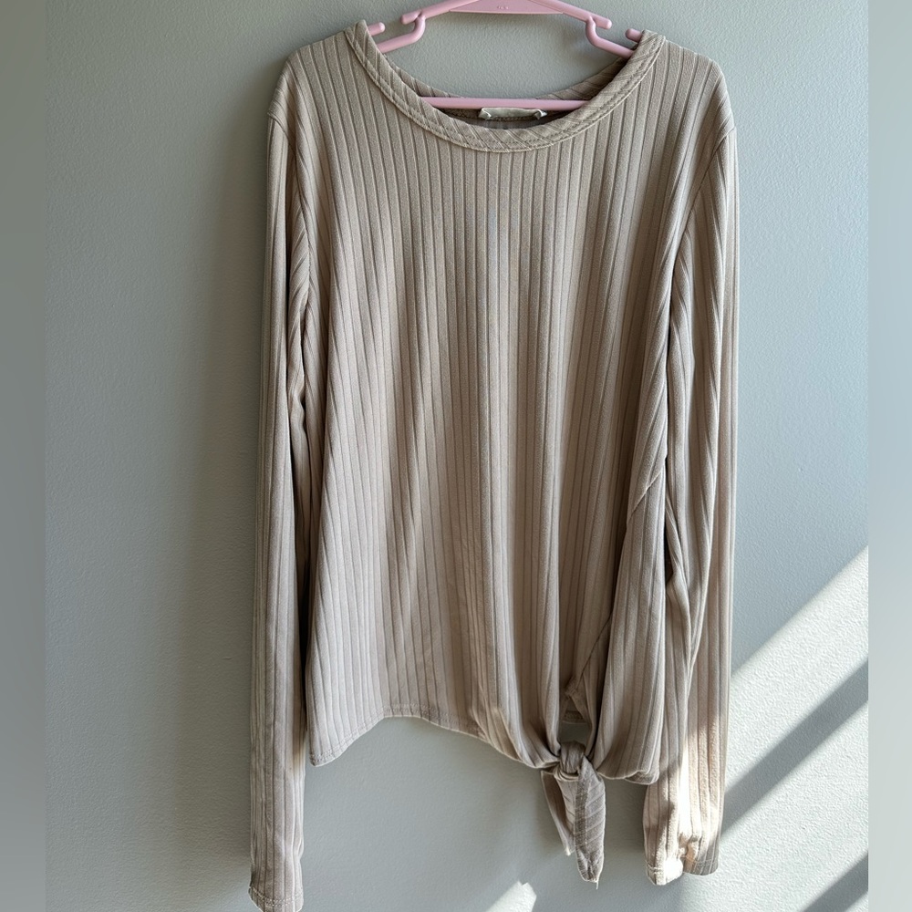 Oliva Rae tan ribbed long sleeve silky shirt with knot tie